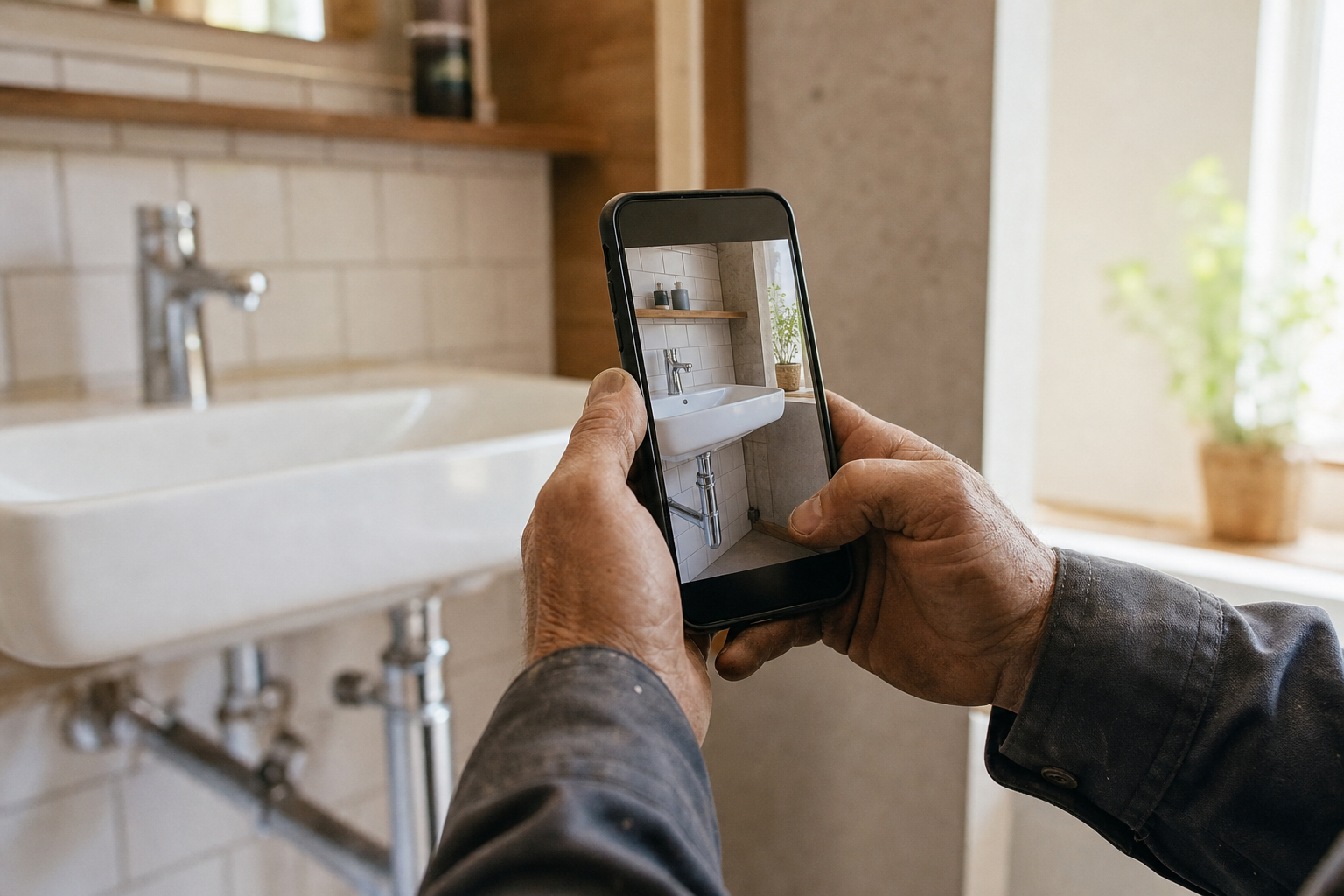 Handwerker fotografiert den Auftrag vor Ort mit dem Smartphone