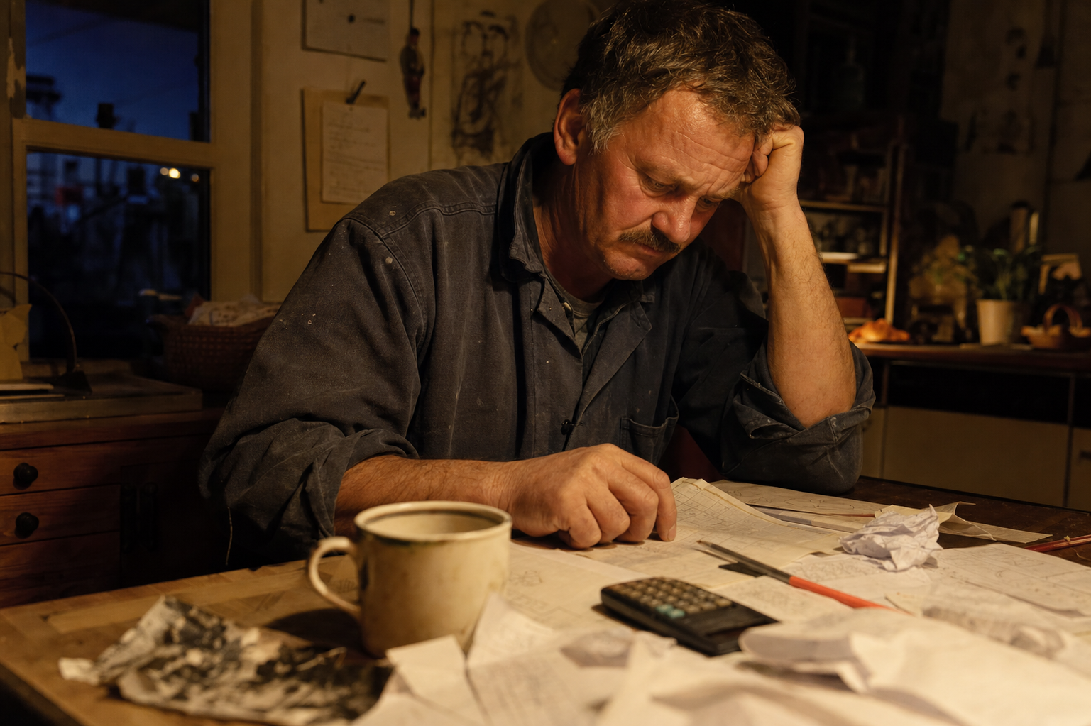Handwerker am Schreibtisch mit Papierstapel und Rechnungen